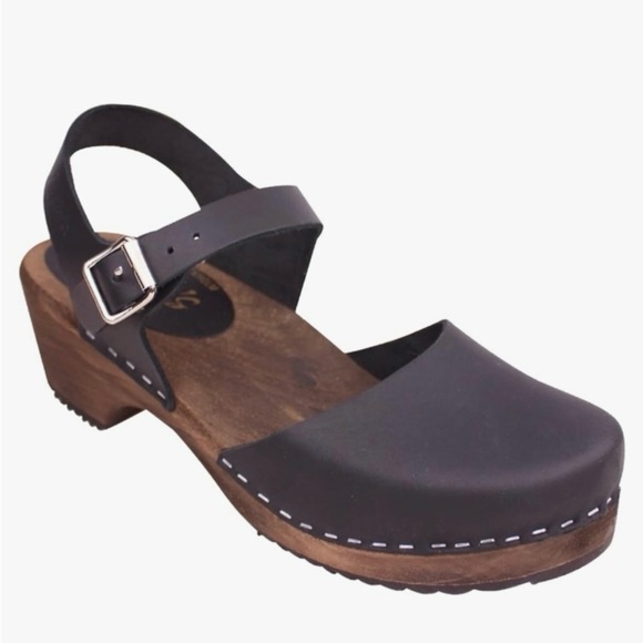 Lotta from Stockholm Highwood Clogs Open Toe Black Leather on Brown Base - Picture 2 of 4